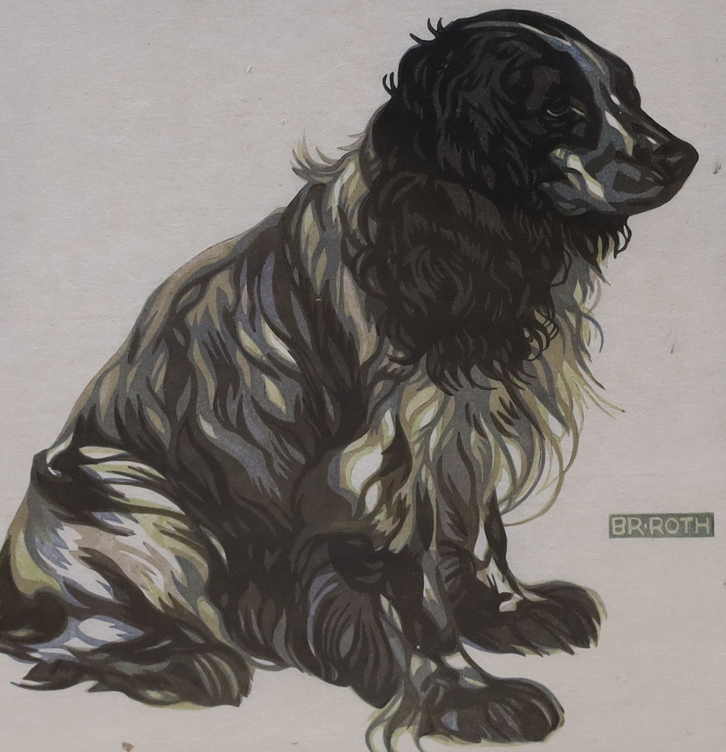 Norbertine Bresslern Roth (Austrian, 1891-1978), coloured wood engraving, Seated spaniel, signed in pencil, 30 x 28cm